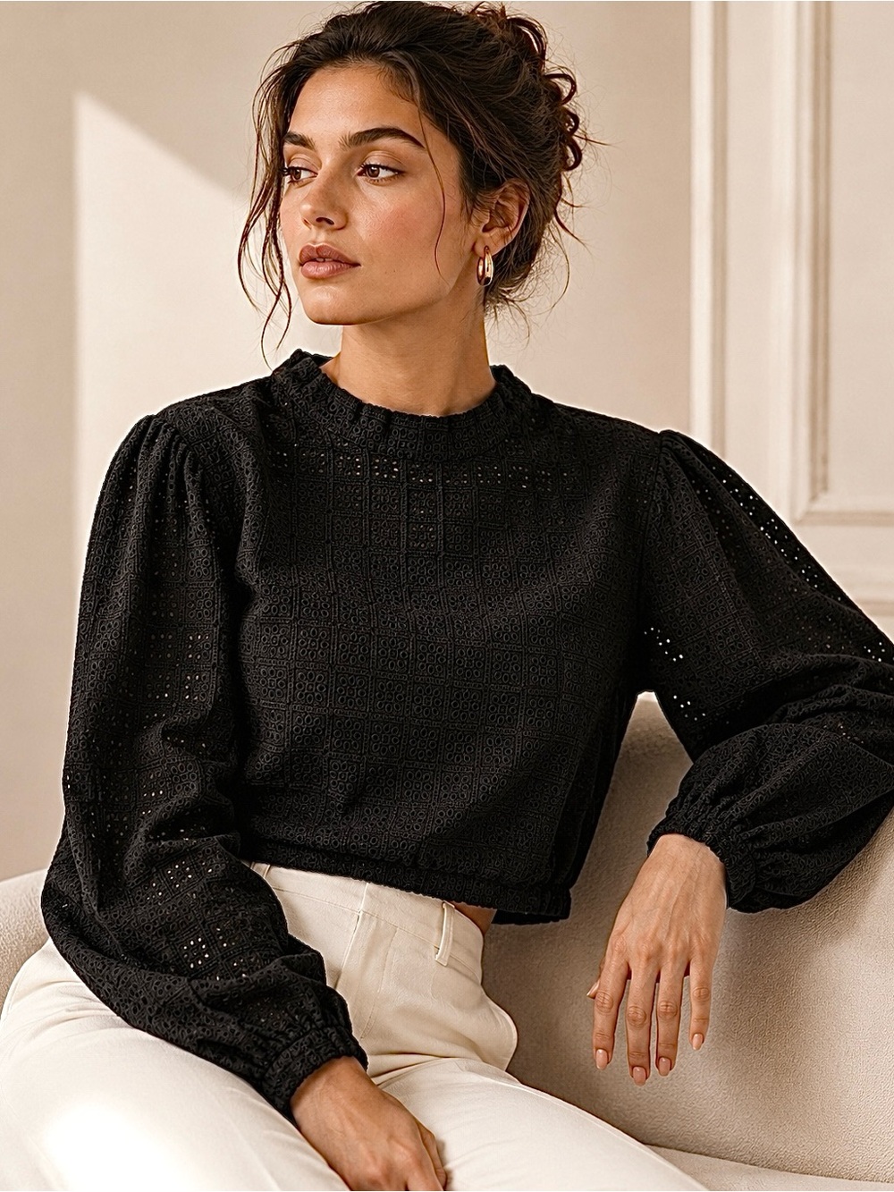 Beau & Ro Eyelet Puff Sleeve Crop Top Black Size Large